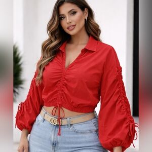 Red DRAMATIC Puff SLEEVES Ruched LOVE HIGHLIGHT Blouse Club TOP Women's Size LG